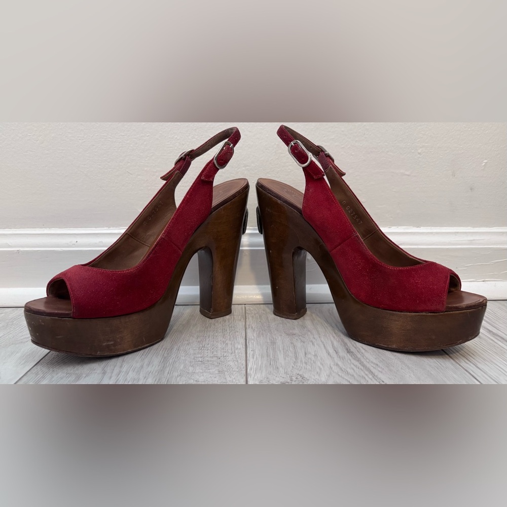 CHANEL Platform Heel Logo Red Suede Brown Block Heels Sling Back Sandals 6.5